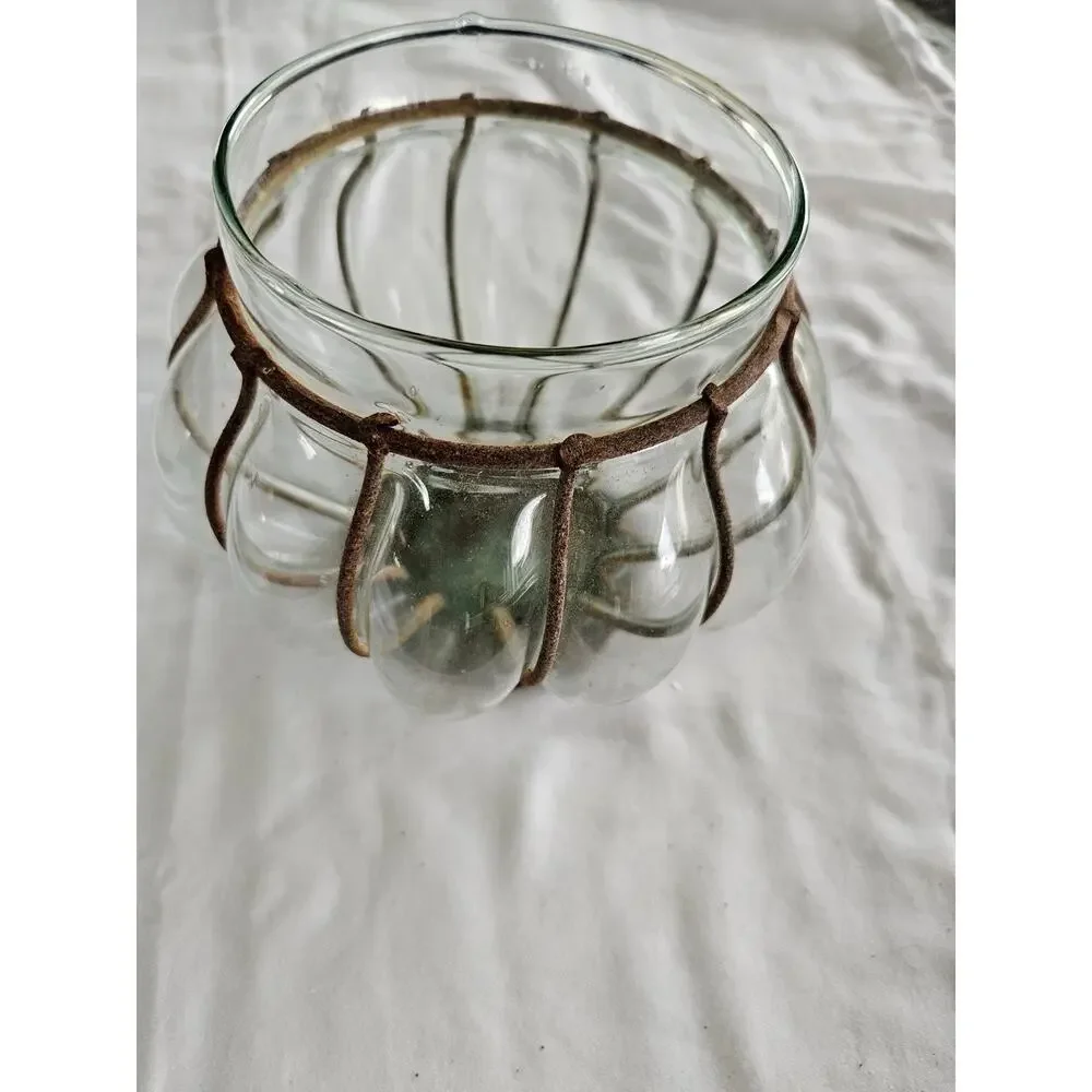 Vintage Art Deco Glass Vase Incased Metal Cage Frame Handblown